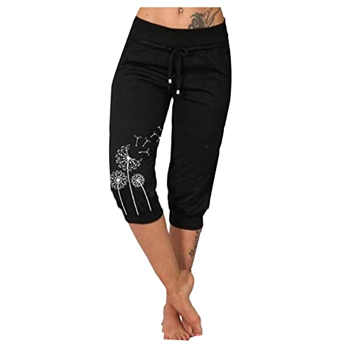 MOKBAY Damen Hosen Sommer Stoff Stretch Jogpants Freizeithose Frau Ethno Cargo Luftige Leinenhose Damen Sommer 7/8 Strandbekleidung Anzug High Waist H-Black XL 508 von MOKBAY