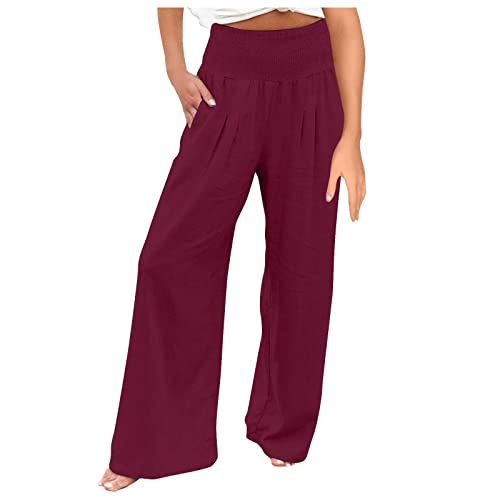 MOKBAY Leichte Sommerhose, Damen Stoff Vintage 70er Jahre Hose Damen Bohemian Festliche Outfit Leinenhose Damen Sommer 7/8 Leinenhose Bunte Leichte 420-B-Dunkelviolett S von MOKBAY