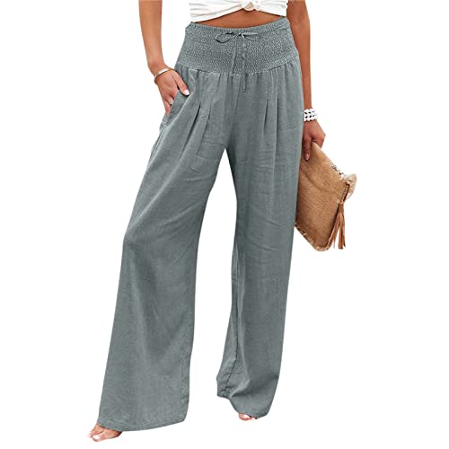 MOKBAY Leinenhose Damen Sommer Leicht High Waist Leichte Sommerhose Weite Elegant Strandhose Palazzo Culottes Arbeitshose Freizeithose Kleidung Outfits Grau 3XL von MOKBAY