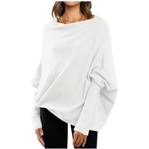 MOKBAY Off Shoulder Oberteil Damen Langarm Strickpullover Damen Große Größen Leichte Elegant Pullover Fledermausärmel Damen Longsleeve Strickpulli Schulterfrei Dünne Pullover Damen weiß S von MOKBAY