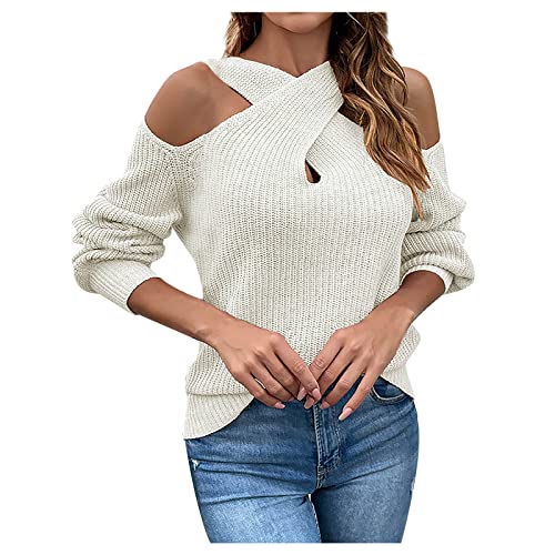 MOKBAY Pullover Damen Herbst Cross Halter Bluse Damen Elegant Schulterfrei Winterpullover Damen Langarm Einfarbig Stretch Strickpulli Damen Sexy Sweater Chic Frauen Kleidung weiß L von MOKBAY