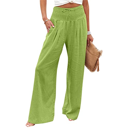 MOKBAY Sommerhose Damen Leicht Sommer Leinenhose High Waist Leichte Weite Elegant Strandhose Palazzo Culottes Arbeitshose Freizeithose Kleidung Outfits Grün S von MOKBAY