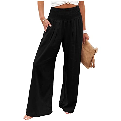 MOKBAY Sommerhose Damen Leicht Sommer Leinenhose High Waist Leichte Weite Elegant Strandhose Palazzo Culottes Arbeitshose Freizeithose Kleidung Outfits Schwarz L von MOKBAY