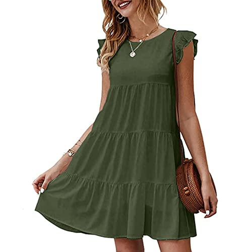 MOKBAY Tunika Kleid Damen O-Ausschnitt Kurz äRmel Damen Kleid Bandeau Kleid Volant Sommerkleid Lochstickerei Rückenfrei Trägerkleid Off Shoulder Schöne Hemdkleid 3243-Armeegrün L von MOKBAY