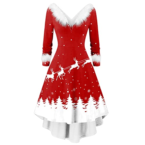 MOKBAY Weihnachtskleid Damen Sexy V Ausschnitt Kleid Weihnachten Damen Vintage Langarm Weihnachtsoutfit Damen Christmas Santa Partykleid Prom Dress Longsleeve for Women Weiß XL von MOKBAY