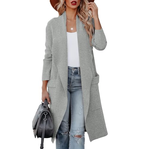 Mantel Damen Lang Winter Fashion Langer Mantel Damen Frau mit Tasche Elegantes Longsleeve Damen Coat Open Front Freizeit Wolltuch Cardigan Damen Elegant Aesthetic Clothes Dunkelgrau XXL von MOKBAY