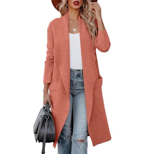 Mantel Damen Lang Winter Fashion Langer Mantel Damen Frau mit Tasche Elegantes Longsleeve Damen Coat Open Front Freizeit Wolltuch Cardigan Damen Elegant Aesthetic Clothes Hellbraun S von MOKBAY