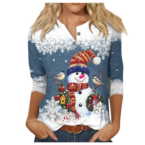 Weihnachtsbluse Damen 3/4 Longsleeve Tops Teenager Mädchen Herbst Christmas Outlook Damen Mode Vintage Sweatshirt for Women Freizeit Festliche Kleidung Damen Mit Knöpfen Blau M von MOKBAY