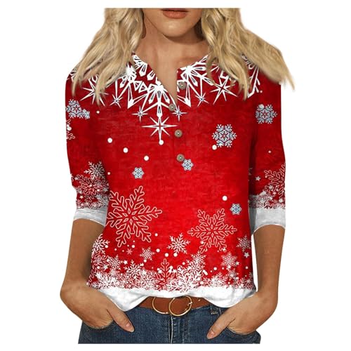 Weihnachtsbluse Damen 3/4 Longsleeve Tops Teenager Mädchen Herbst Christmas Outlook Damen Mode Vintage Sweatshirt for Women Freizeit Festliche Kleidung Damen Mit Knöpfen Rot XL von MOKBAY