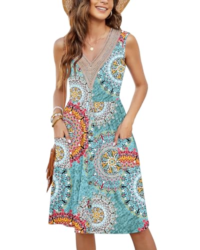 MOLERANI Boho Kleid Damen Ärmellos Spitze V-Ausschnitt Casual Kleider Botton Down Elastische Taille Swing Kleid mit Tasche Grün Drucken 2XL von MOLERANI