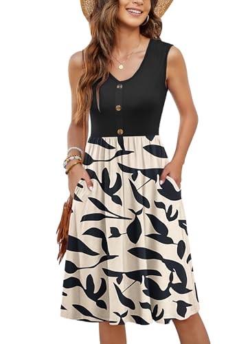 MOLERANI Damen Sommerkleider Ärmellos Lässig Locker Swing T-Shirt Button-Down Midikleid mit Taschen Aprikose Schwarzblatt 2XL MOLERANI Damen Sommerkleider Ärmellos Lässig Locker Swing T-Shirt Button-Down Midikleid mit Taschen Aprikose Schwarzblatt 2XL von MOLERANI