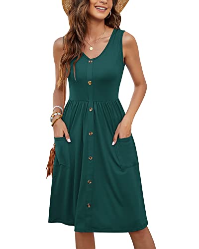 MOLERANI Sommerkleider Damen Sommer Casual Swing V-Ausschnitt Button-Down-Kleid mit Tasche (Dunkelgrün,XL) von MOLERANI