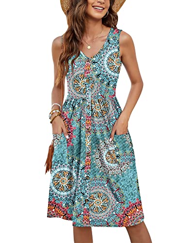 MOLERANI Midi-Kleider für Damen, Sommer, Strand, ärmelloses Kleid mit hoher Taille und Knöpfen (Print Grün, S) von MOLERANI