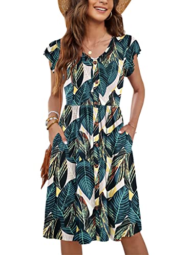 MOLERANI Frauen Sommer Kleider Rüschen Ärmel V-Ausschnitt Casual Swing Elastische Taille Midi Kleid mit Taschen Deep Leaf Print S von MOLERANI