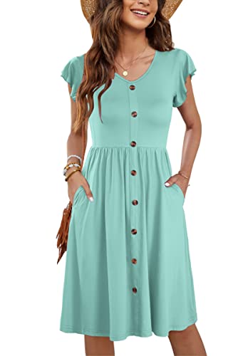 MOLERANI Kleider Damen Sommer Rüschen Ärmel V-Ausschnitt Casual Swing Elastische Taille Midi Kleid mit Taschen reinem Hellgrün L von MOLERANI