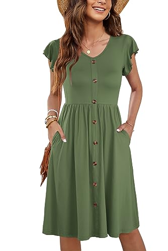 MOLERANI Midikleid Damen V-Ausschnitt Rüschen Ärmel Casual Swing Elastische Taille Midi Kleid mit Solid Army Grün S von MOLERANI