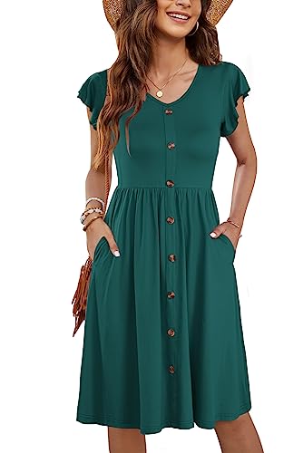 MOLERANI Sommerkleid Damen Dunkelgrün Rüschen Ärmel V-Ausschnitt Casual Swing Elastische Taille Midi Kleid mit Taschen Solid Dunkelgrün M von MOLERANI