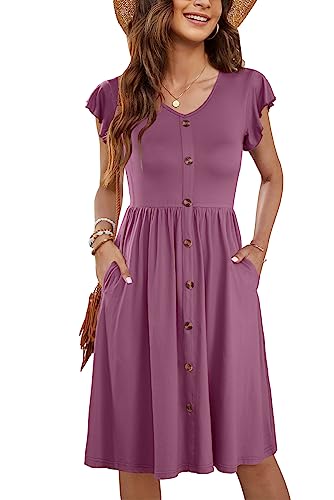 MOLERANI Sommerkleid Damen Midi Rüschen Ärmel V-Ausschnitt Casual Swing Elastische Taille Midi Kleid mit Taschen natürlicher Violett XL MOLERANI Sommerkleid Damen Midi Rüschen Ärmel V-Ausschnitt Casual Swing Elastische Taille Midi Kleid mit Taschen natürlicher Violett XL von MOLERANI