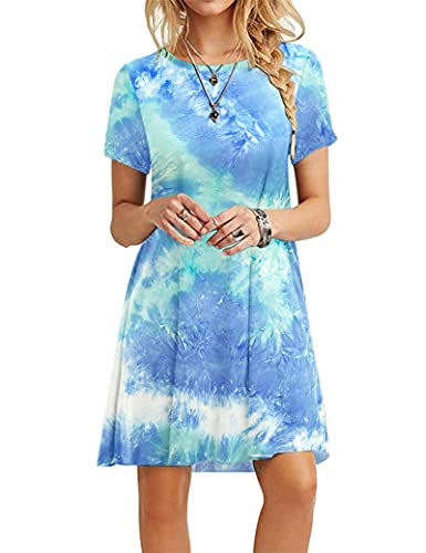 MOLERANI Sommerkleider Kurz Casual T-Shirt Kurzarm Strandkleid Loose Swing Damen Kleid (M, Blau grün gefärbt) von MOLERANI