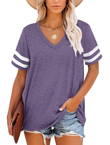 MOLERANI T-Shirts für Damen Kurzarm V-Ausschnitt Gestreifte Sommer Tops Casual Lose T-Shirt(Lila,L) von MOLERANI