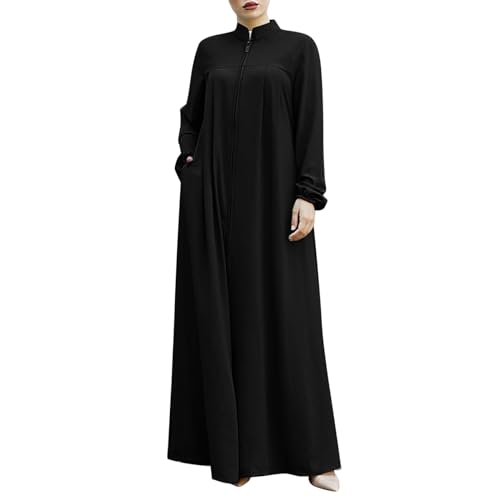 Abaya Damen Islam: Loose Stehkragen Muslimische Robe,Casual Einfarbig Maxi Muslimische Kleider mit Reißverschluss,Langen-Ärmeln Langes Kleid,Einfach Modern Lässig Abaya Kleid für Ramadan,Abend von MONBKLING