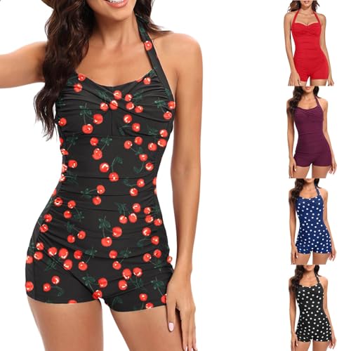 Schwimmanzug Damen Sexy Kirsche Drucken Neckholder Badeanzug Bauchweg Bademode Badebekleidung Mit Plissierter Taille Sommer einfarbig Monokinis Schwimmanzug Bandeau Badeanzug für Strandurlaub von MONBKLING