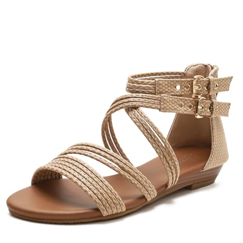 MONDEX Damen Römische Sandalen mit Reißverschluss Elastische Riemchenschnur Kreuz Knöchelriemen Sommer Strand Flache Gladiatorenschuhe,Beige,37 von MONDEX