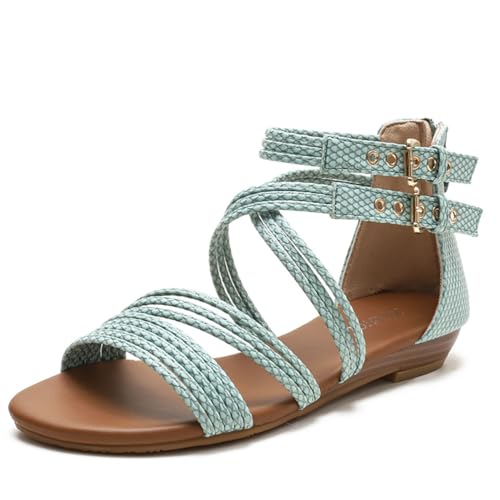 MONDEX Damen Römische Sandalen mit Reißverschluss Elastische Riemchenschnur Kreuz Knöchelriemen Sommer Strand Flache Gladiatorenschuhe,Grün,37 von MONDEX