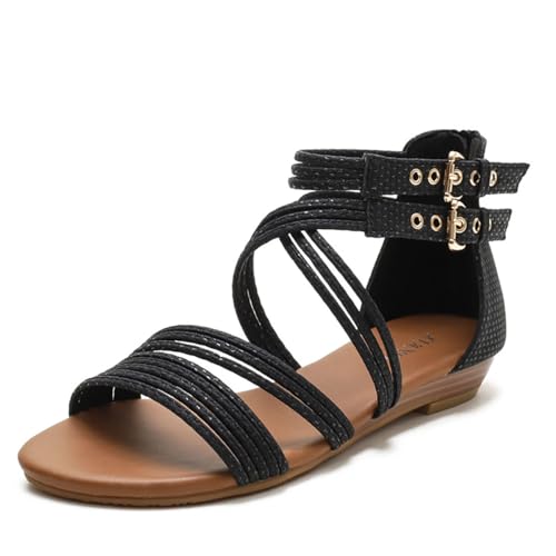 MONDEX Damen Römische Sandalen mit Reißverschluss Elastische Riemchenschnur Kreuz Knöchelriemen Sommer Strand Flache Gladiatorenschuhe,Schwarz,37 von MONDEX