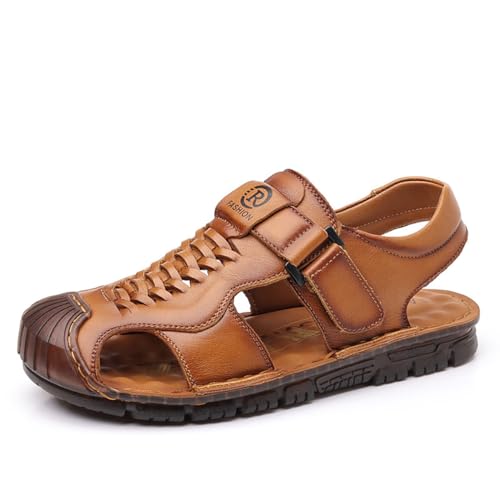 MONDEX Herren Echtleder Riemensandalen Outdoor Sommer Komfort Geschlossene Zehen Wandersandalen,Braun,44 von MONDEX