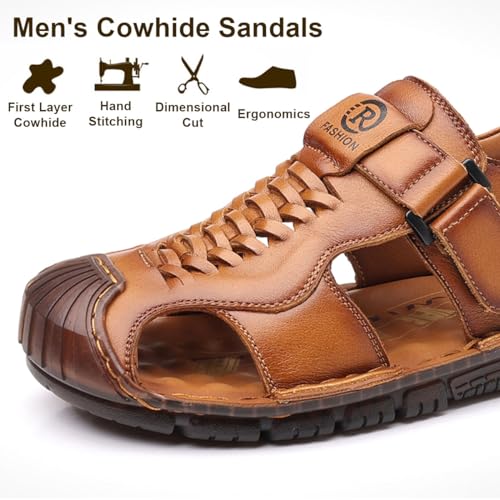 MONDEX Herren Echtleder Riemensandalen Outdoor Sommer Komfort Geschlossene Zehen Wandersandalen,Schwarz,40 von MONDEX