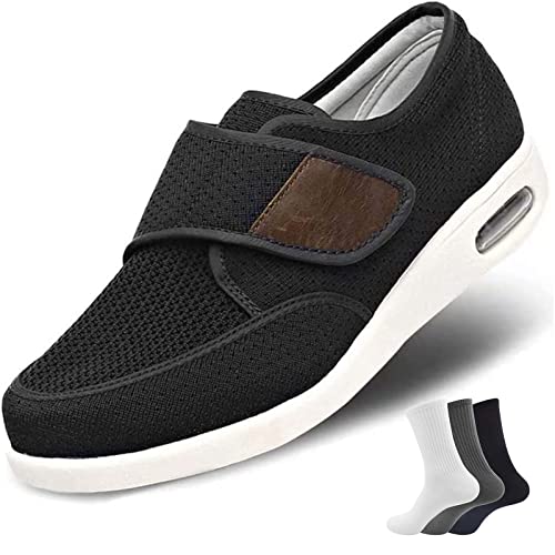 MONDEX Orthopädische Schuhe Herren Damen Extra Breite Füße mit Klettverschluss, Schuhe für Geschwollene Füße, Ultraleicht rutschfest Gesundheitsschuhe Senioren Turnschuhe Hausschuhe,Schwarz,45 EU von MONDEX