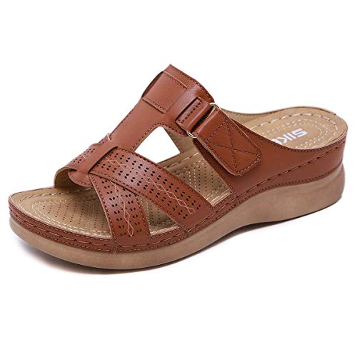 MONDEX Sandalen Damen Sommer Bequem Freizeit Künstliches PU Plateau Keil Rutschfeste Hausschuhe,Braun,36 von MONDEX