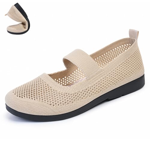 MONDEX Weiche Flache Loafer Slipper für Damen, Sommer Atmungsaktive Slip-On Schuhe Leichte rutschfeste Schuhe mit Flachem Mund, Bequeme Ausgehöhlte Gestrickte Mokassins für Diabetiker,Beige,38 von MONDEX