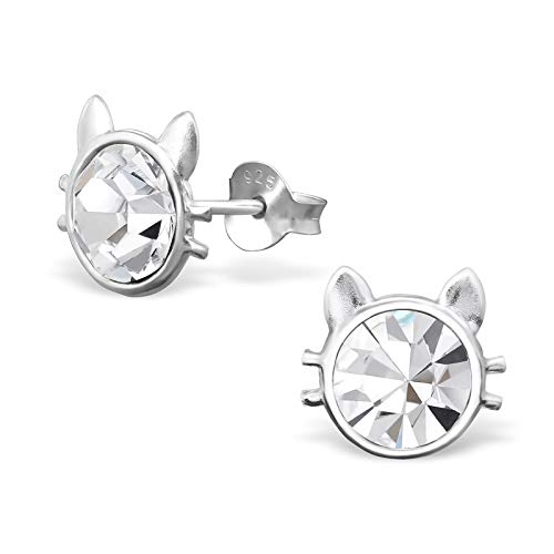 Monkimau Mädchen Ohrringe Katze Kopf Ohrstecker aus 925 Sterling Silver echt Silber mit 2 Kristallen von MONKIMAU