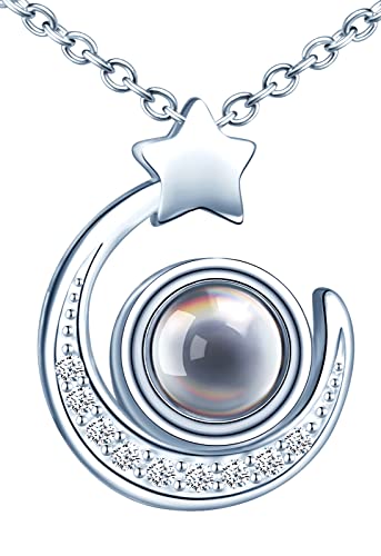 MOOFUN Damen Kette 925 Sterling Silber Halskette I Love You 100 Sprachen Ich Liebe Dich Projektion Moon Anhänger Ketten Schmuck Verpackung Geschenk für Sie Frau Freundin Mama Valentinstag Weihnachten von MOOFUN