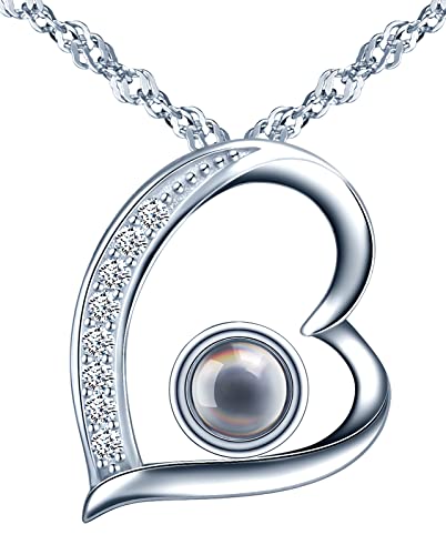 MOOFUN Damen Kette 925 Sterling Silber Halskette I Love You 100 Sprachen Ich Liebe Dich Projektion Herz Anhänger Schmuck Verpackung Geschenke für Frau Freundin Geburtstag Weihnachtstag Valentinstag von MOOFUN