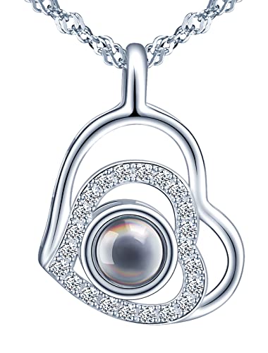 MOOFUN Damen Kette 925 Sterling Silber Halskette I Love You 100 Sprachen Ich Liebe Dich Projektion Herz Anhänger Schmuck Verpackung Geschenke für Frau Freundin Geburtstag Weihnachtstag Valentinstag von MOOFUN