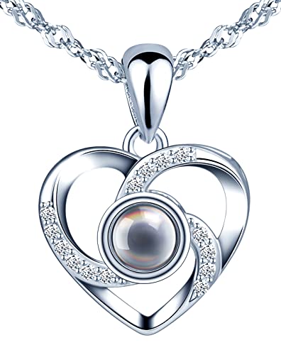 MOOFUN Damen Kette 925 Sterling Silber Halskette I Love You 100 Sprachen Ich Liebe Dich Projektion Herz Anhänger Schmuck Verpackung Geschenke für Frau Freundin Geburtstag Weihnachtstag Valentinstag von MOOFUN