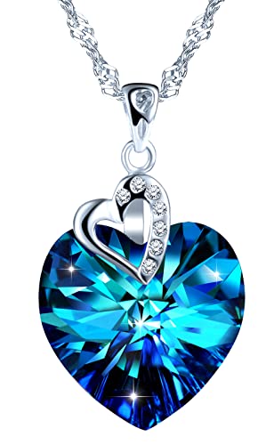 MOOFUN Blau Kristall Herz Halskette 925 Sterling Silber Damen Schmuck Kette mit Liebe Anhänger Edle Verpackung Geschenke für Sie Frauen Freundin Mama Geburtstag Weihnachtstag Valentinstag Muttertag von MOOFUN