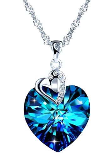 MOOFUN Damen Herz Halskette Glänzende Herz 925 Sterling Silber Kette mit Blau Kristall Zirkonia Anhänger Frauen Schmuck Geschenkverpackung Geschenke für Freundin Mädchen Mama Geburtstag Valentinstag von MOOFUN