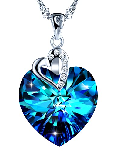 MOOFUN Damen Herz Halskette Herz des Ozeans 925 Sterling Silber Kette mit Blau Kristall Zirkonia Anhänger Frauen Schmuck Geschenkverpackung Geschenke für Freundin Mädchen Mama Geburtstag Valentinstag von MOOFUN