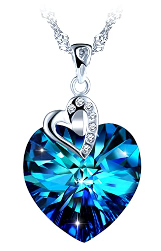 MOOFUN Damen Herz Kette Herz des Ozeans 925 Sterling Silber Halskette mit Blau Kristall Zirkonia Charms Anhänger Frauen Schmuck Verpackung Geschenke für Freunde Mädchen Mama Geburtstag Valentinstag von MOOFUN