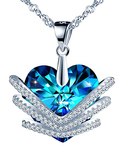 MOOFUN Damen Herz Kette Herz des Ozeans 925 Sterling Silber Halskette mit Blau Kristall Zirkonia Charms Anhänger Frauen Schmuck Verpackung Geschenke für Freunde Mädchen Mama Geburtstag Valentinstag von MOOFUN