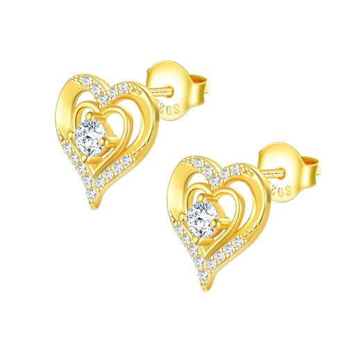 MOOFUN Ohrstecker Gold Damen Herz Ohrringe 925 Silber Ohrringe Zirkon Herzen Ohrring für Mama Beste Freundin Teenager Mädchen Oma Schwester Frauen Liebe Geschenk Geburtstagsgeschenk von MOOFUN