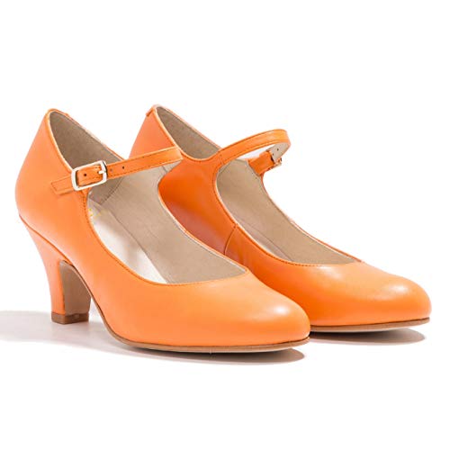 MOOMMO Damen Mary Jane Pumps Mit Blockabsatz Rund Kitten Heel Riemchenpumps Mit Schnalle Pumps Bequeme Geschlossene Freizeitschuhe Glattleder Orange Größe 39 von MOOMMO