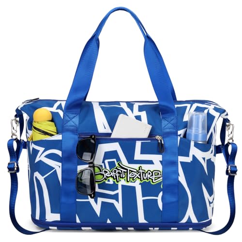 MOONBABY Reisetasche, erweiterbar, für Damen, Wochenendtasche mit Gepäckgurt, modische Reisetasche, Sporttasche für Herren, Blau, Einheitsgröße von MOONBABY