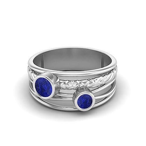 MOONEYE 0,35 Ctw-Runde Lapis Ring mit geteiltem Schaft Gehämmert Handgefertigt Geteiltes Band 925er Sterling Silber Doppelsteinring Sterlingsilber, 60 von MOONEYE