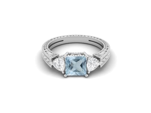 MOONEYE 2,48 ct Prinzessinnenschliff Aquamarin Edelstein 925 Sterling Silber Drei Steine Frauen Ehering Sterlingsilber, 52 von MOONEYE