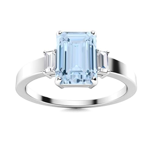 MOONEYE 6X4MM Achteckförmiger Aquamarin-Edelstein 925 Sterling Silber Drei-Stein-Jubiläumsring für Damen Sterlingsilber, 65 von MOONEYE